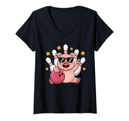 Damen Lustiges Bowling mit Pins Grafik Schwein Bowler Tierliebhaber T-Shirt mit V-Ausschnitt Damen Lustiges Bowling mit Pins Grafik Schwein Bowler Tierliebhaber T-Shirt mit V-Ausschnitt von Funny Pig Playing Bowling Graphic