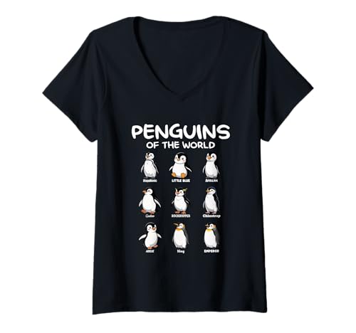 Damen Penguins of The World Educational Cute Animal T-Shirt mit V-Ausschnitt von Funny Pinguin Bird Species Nature Illustration