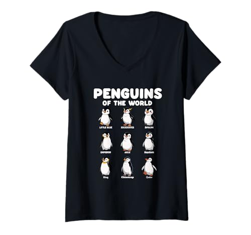 Damen Penguins of The World Cute Educational T-Shirt mit V-Ausschnitt Damen Penguins of The World Cute Educational T-Shirt mit V-Ausschnitt von Funny Pinguin Lover for Bird Nerds
