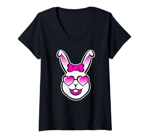 Damen Süßes lächelndes Hasen-Gesicht mit rosa Sonnenbrille und Schleife T-Shirt mit V-Ausschnitt Damen Süßes lächelndes Hasen-Gesicht mit rosa Sonnenbrille und Schleife T-Shirt mit V-Ausschnitt von Funny Pink Clubbing Outfit Smiling Bunny Face