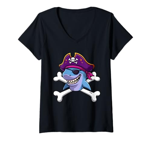 Damen Lustige Piratenhai-Kreuzknochen-Halloween-Grafik T-Shirt mit V-Ausschnitt Damen Lustige Piratenhai-Kreuzknochen-Halloween-Grafik T-Shirt mit V-Ausschnitt von Funny Pirate Shark Crew