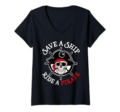 Damen Rette eine Schiffsfahrt EIN Pirat Aargh Schiffskapitän Lustiger Pirat T-Shirt mit V-Ausschnitt von Funny Pirate Tees for Women Men & Kids