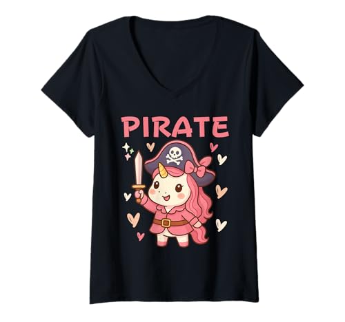 Damen Niedliches Einhorn-Piratenprinzessin-Kostüm für Kinder und Mädchen T-Shirt mit V-Ausschnitt Damen Niedliches Einhorn-Piratenprinzessin-Kostüm für Kinder und Mädchen T-Shirt mit V-Ausschnitt von Funny Pirate Unicorn Pastel Kawaii Birthday Party