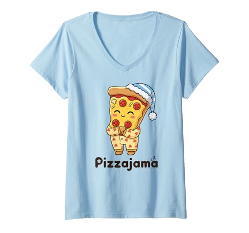 Damen Pizzajama Pyjama müde Pizza Fun Zitat T-Shirt mit V-Ausschnitt von Funny Pizza Pajama Humor Food