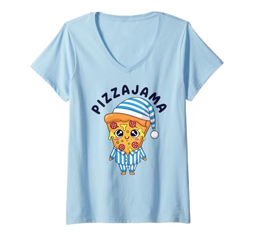 Damen Pizzajama Pyjama müde Pizza Fun Zitat T-Shirt mit V-Ausschnitt von Funny Pizza Pajama Humor Food