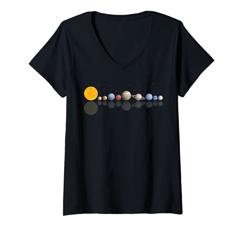 Damen Sonnensystem Shirt reflektierende Planeten, Astronomie T-Shirt mit V-Ausschnitt Damen Sonnensystem Shirt reflektierende Planeten, Astronomie T-Shirt mit V-Ausschnitt von Funny Planet Gifts