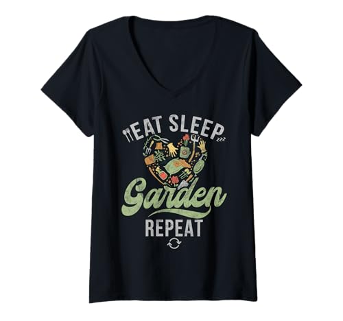 Damen Eat Sleep Garden Repeat Gartenliebhaber Pflanzen T-Shirt mit V-Ausschnitt von Funny Plant Lover Gift For Gardeners Men Women