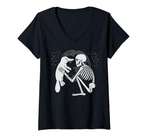 Damen Schnabeltier Skelett Mond Halloween Tierliebhaber T-Shirt mit V-Ausschnitt Damen Schnabeltier Skelett Mond Halloween Tierliebhaber T-Shirt mit V-Ausschnitt von Funny Platypus Gothic Animal Designs