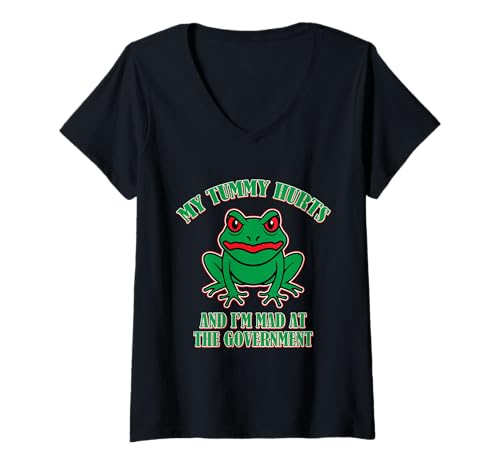 Damen Mein Bauch TUT WEH und ich Bin sauer auf die Regierung T-Shirt mit V-Ausschnitt Damen Mein Bauch TUT WEH und ich Bin sauer auf die Regierung T-Shirt mit V-Ausschnitt von Funny Political Satire Frog Humor Statement