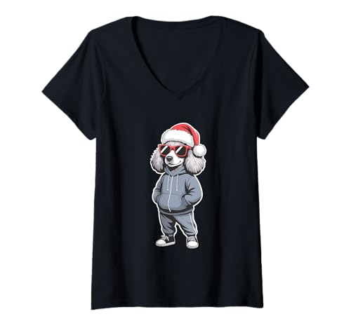 Damen Weihnachtspudel Weihnachtsmannmütze Hund T-Shirt mit V-Ausschnitt von Funny Poodle Santa Hat Apparel