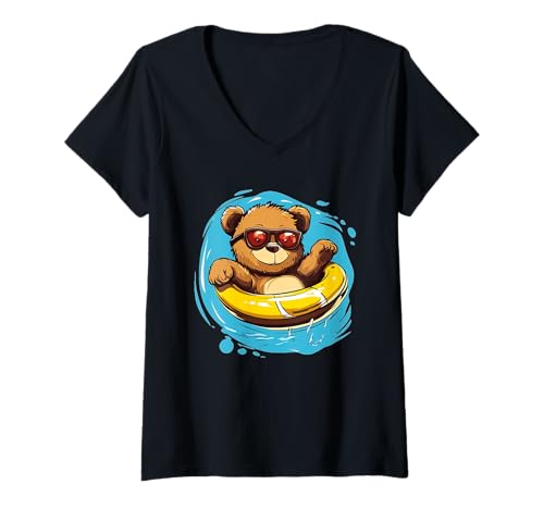 Damen Schwimmender Ring Teddybär Kostüm für Poolliebhaber T-Shirt mit V-Ausschnitt Damen Schwimmender Ring Teddybär Kostüm für Poolliebhaber T-Shirt mit V-Ausschnitt von Funny Pool Teddy Bear