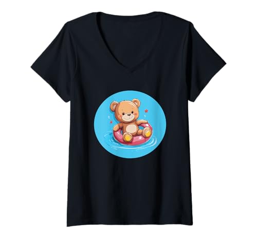 Damen Sommerspaß mit Teddybär in Pool und Ring T-Shirt mit V-Ausschnitt Damen Sommerspaß mit Teddybär in Pool und Ring T-Shirt mit V-Ausschnitt von Funny Pool Teddy Bear
