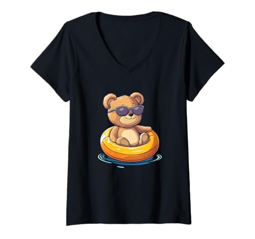 Damen Süßer Sommer-Teddybär, bereit zum Schweben T-Shirt mit V-Ausschnitt Damen Süßer Sommer-Teddybär, bereit zum Schweben T-Shirt mit V-Ausschnitt von Funny Pool Teddy Bear