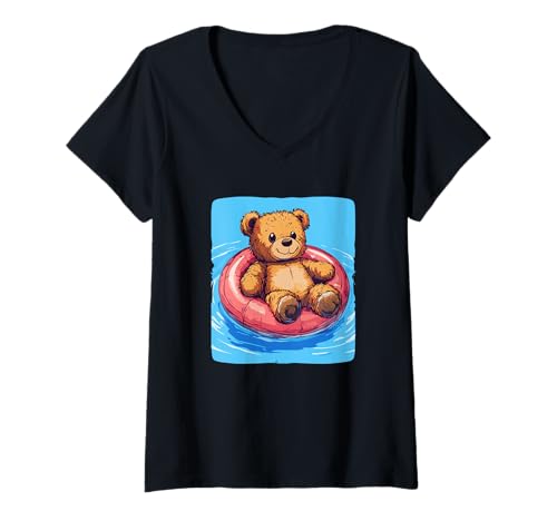 Damen Sunny Teddybär schwimmend in einem Poolring Kostüm T-Shirt mit V-Ausschnitt Damen Sunny Teddybär schwimmend in einem Poolring Kostüm T-Shirt mit V-Ausschnitt von Funny Pool Teddy Bear