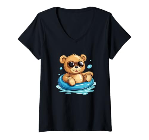 Damen Wasserliebender Teddybär in schwimmendem Ring T-Shirt mit V-Ausschnitt Damen Wasserliebender Teddybär in schwimmendem Ring T-Shirt mit V-Ausschnitt von Funny Pool Teddy Bear