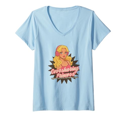 Damen Oversharing Princess Retro-Meme-Kunst T-Shirt mit V-Ausschnitt von Funny Pop Culture Design for Women and Girls
