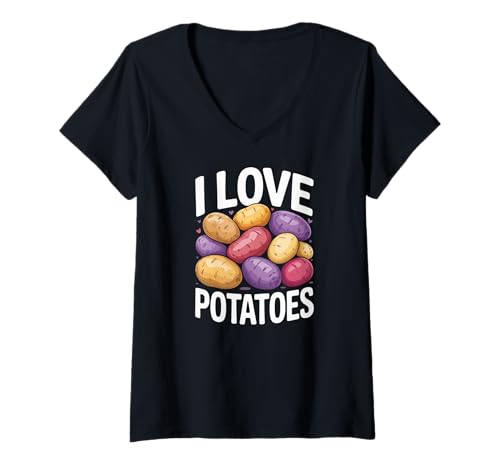Damen I Love Potatoes Bunte Kartoffelkunst T-Shirt mit V-Ausschnitt Damen I Love Potatoes Bunte Kartoffelkunst T-Shirt mit V-Ausschnitt von Funny Potato Lover Humor Enthusiast