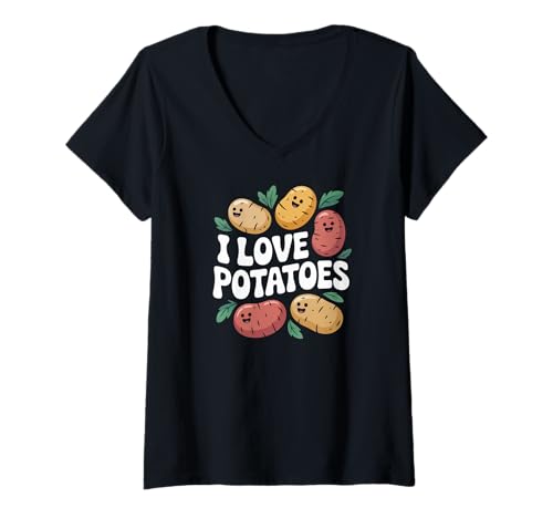 Damen I Love Potatoes Lustiges süßes Gemüse-Design T-Shirt mit V-Ausschnitt Damen I Love Potatoes Lustiges süßes Gemüse-Design T-Shirt mit V-Ausschnitt von Funny Potato Lovers Cute Vegetable Humor