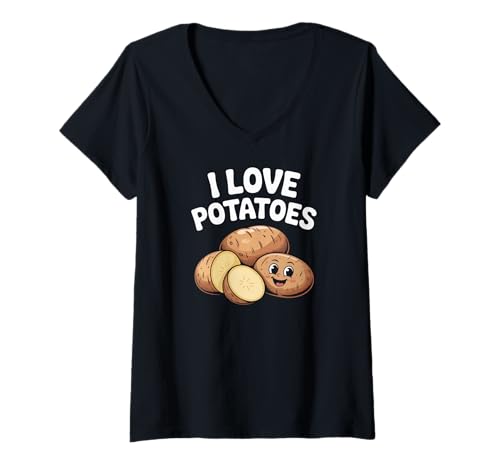 Damen I Love Potatoes Cute Cartoon Gemüse T-Shirt mit V-Ausschnitt Damen I Love Potatoes Cute Cartoon Gemüse T-Shirt mit V-Ausschnitt von Funny Potato Lovers Humor Foodie Quotes