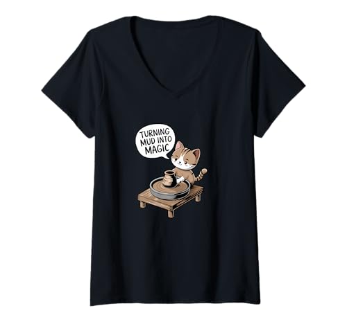 Damen Cute Pottery Cat Fun Potter T-Shirt mit V-Ausschnitt Damen Cute Pottery Cat Fun Potter T-Shirt mit V-Ausschnitt von Funny Pottery Passion Handmade Ceramics