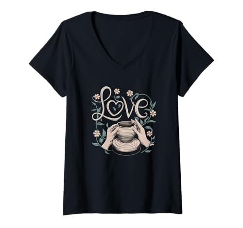 Damen Ich Liebe Keramik Und Töpferwaren Liebe T-Shirt mit V-Ausschnitt Damen Ich Liebe Keramik Und Töpferwaren Liebe T-Shirt mit V-Ausschnitt von Funny Pottery Passion Handmade Ceramics