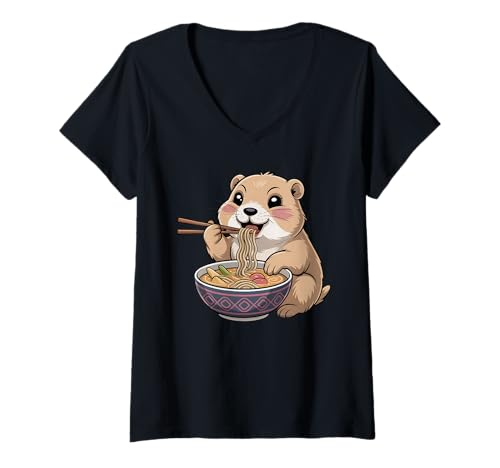 Damen Niedlicher Präriehund frisst Ramen japanische Kawaii Tiernudeln T-Shirt mit V-Ausschnitt von Funny Prairie Dog Ramen Lover Apparel
