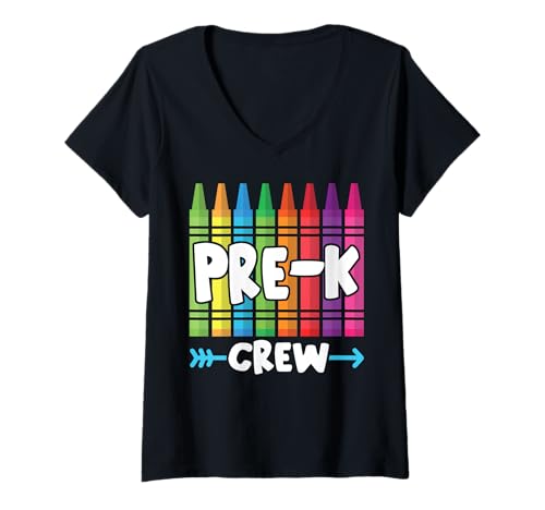 Damen Pre-K Crew Niedliche Vorschule Buntstift Schule Feld Tagesausflug 2025 T-Shirt mit V-Ausschnitt von Funny Pre-K Crew Teacher Student Costume Match