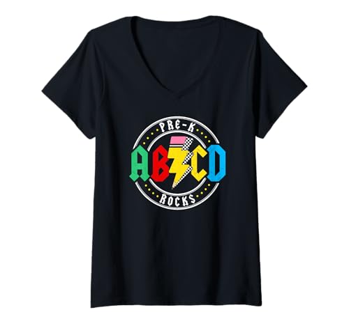 Damen AB CD Pre-K Rocks Schule Kindergarten Lehrer T-Shirt mit V-Ausschnitt von Funny Pre-K Teacher School Education Apparel