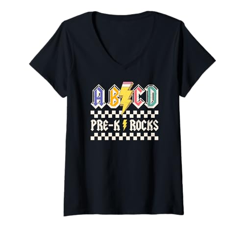 Damen AB CD Pre-K Rocks Schule Kindergarten Lehrer T-Shirt mit V-Ausschnitt von Funny Pre-K Teacher School Education Apparel
