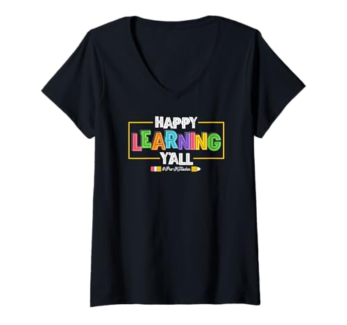 Damen Happy Learning Y'all School Kindergartenlehrer T-Shirt mit V-Ausschnitt von Funny Pre-K Teacher School Education Apparel