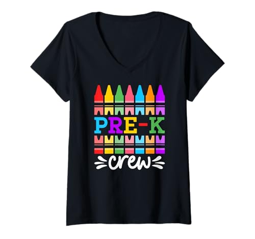 Damen Pre-K Crew Schule Kindergarten Lehrer T-Shirt mit V-Ausschnitt von Funny Pre-K Teacher School Education Apparel