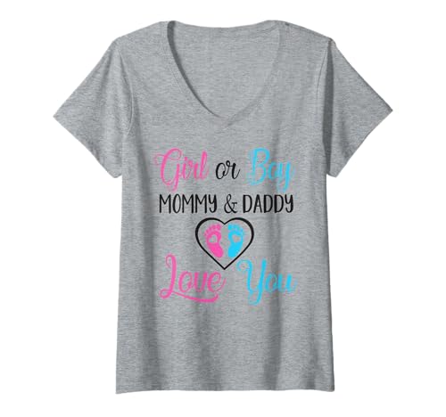 Damen Mädchen oder Junge Mama und Papa lieben dich Baby Geschlecht offenbaren T-Shirt mit V-Ausschnitt von Funny Pregnancy Announcement Apparel For Party