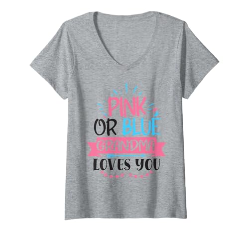 Damen Rosa oder Blau, Oma liebt dich, Geschlecht, enthüllen Großmutter T-Shirt mit V-Ausschnitt von Funny Pregnancy Announcement Apparel For Party