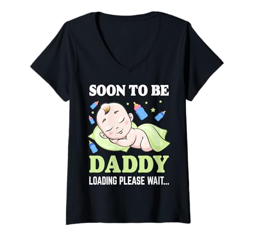 Damen Soon To Be Daddy Loading Please Wait Schwangerschaftsankündigung T-Shirt mit V-Ausschnitt von Funny Pregnancy Announcement Apparel For Party