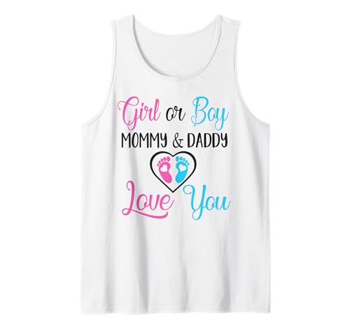Mädchen oder Junge Mama und Papa lieben dich Baby Geschlecht offenbaren Tank Top von Funny Pregnancy Announcement Apparel For Party