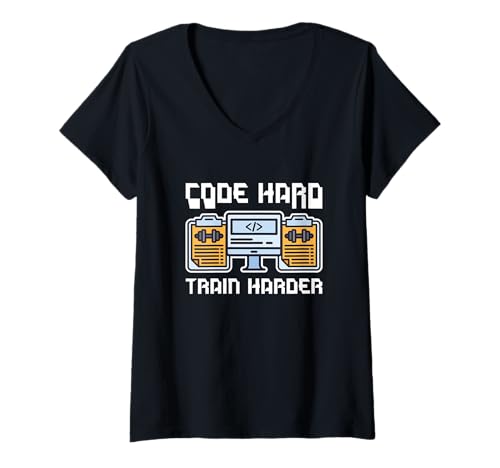 Damen Code Hard Train Harder Softwareprogrammierung Entwickler Coder Gym T-Shirt mit V-Ausschnitt von Funny Programmer Sayings & Programming Gifts