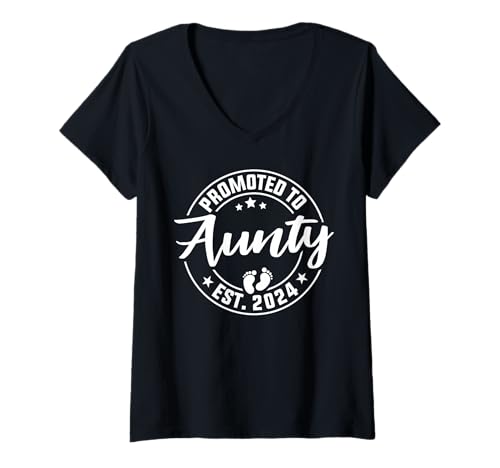 Damen Promoted to Aunty Est. 2024 New Aunty Schwangerschaftsankündigung T-Shirt mit V-Ausschnitt Damen Promoted to Aunty Est. 2024 New Aunty Schwangerschaftsankündigung T-Shirt mit V-Ausschnitt von Funny Promoted To Est 2024 Party Reveal Humor Tee