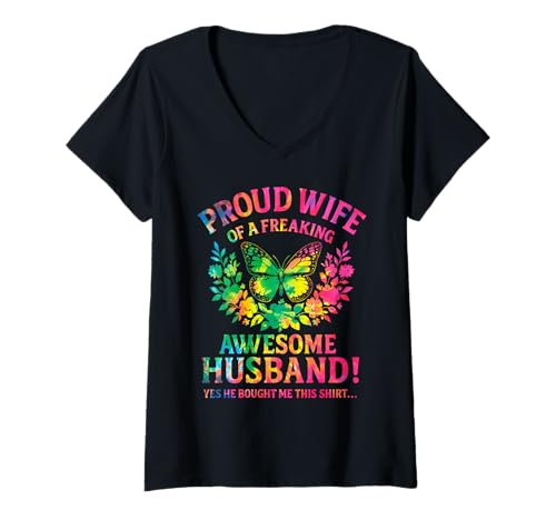 Damen Stolze Ehefrau eines verdammten fantastischen Ehemanns! Lustig sarkastisch T-Shirt mit V-Ausschnitt von Funny Proud Wife Of A Freaking Awesome Husband Tee