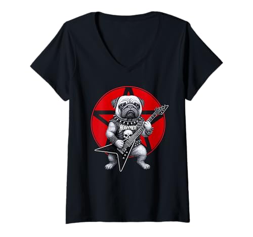 Damen Mops Heavy Metal Guitar Rock Dog Lover T-Shirt mit V-Ausschnitt Damen Mops Heavy Metal Guitar Rock Dog Lover T-Shirt mit V-Ausschnitt von Funny Pug Death Metal Music Dog Designs