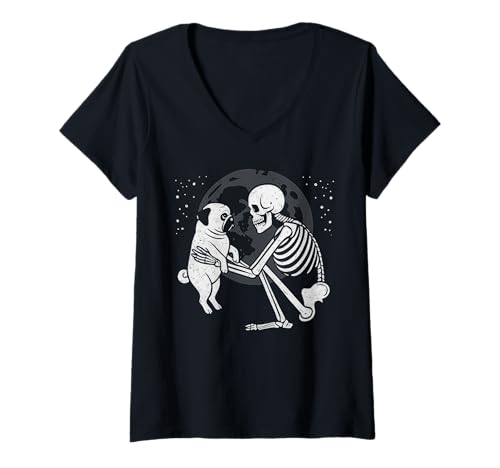 Damen Mops Skelett Mond Halloween Hundeliebhaber T-Shirt mit V-Ausschnitt Damen Mops Skelett Mond Halloween Hundeliebhaber T-Shirt mit V-Ausschnitt von Funny Pug Gothic Dog Designs