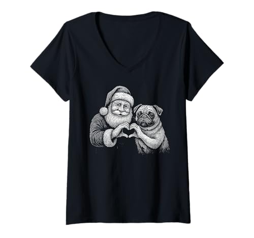 Damen Mops Weihnachtsmann Herzform Weihnachten Hundeliebhaber T-Shirt mit V-Ausschnitt von Funny Pug Holiday Dog Designs