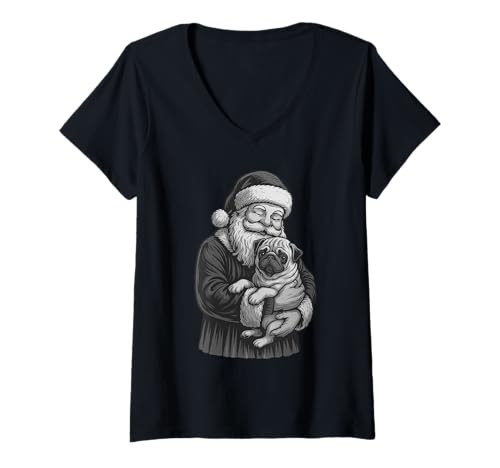 Damen Mops Weihnachtsmann Weihnachten Hundeliebhaber T-Shirt mit V-Ausschnitt Damen Mops Weihnachtsmann Weihnachten Hundeliebhaber T-Shirt mit V-Ausschnitt von Funny Pug Holiday Dog Designs
