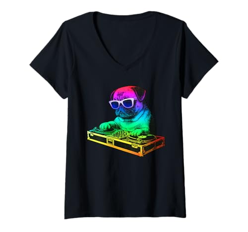 Damen Mops DJ Musik Party Hundeliebhaber T-Shirt mit V-Ausschnitt Damen Mops DJ Musik Party Hundeliebhaber T-Shirt mit V-Ausschnitt von Funny Pug House Music Dog Designs