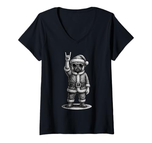 Damen Mops Rock Musik Weihnachten Hundeliebhaber T-Shirt mit V-Ausschnitt Damen Mops Rock Musik Weihnachten Hundeliebhaber T-Shirt mit V-Ausschnitt von Funny Pug Rock And Roll Dog Designs