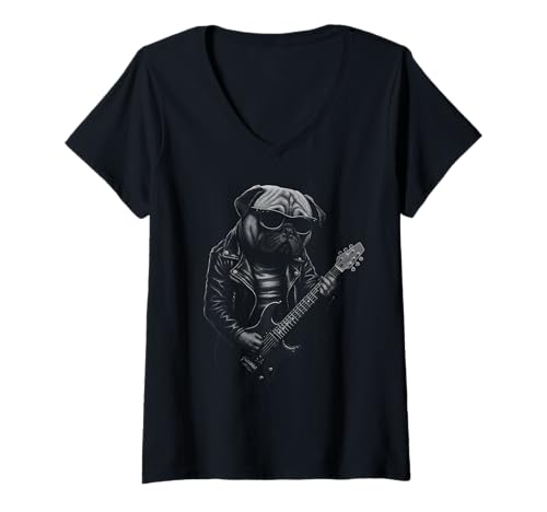 Damen Mops spielt Gitarre Rockmusik Hundeliebhaber T-Shirt mit V-Ausschnitt Damen Mops spielt Gitarre Rockmusik Hundeliebhaber T-Shirt mit V-Ausschnitt von Funny Pug Rock And Roll Dog Designs