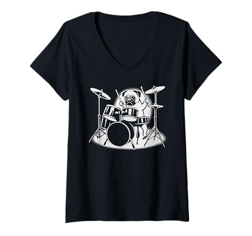 Damen Mops spielt Schlagzeug Schlagzeuger Hundeliebhaber T-Shirt mit V-Ausschnitt Damen Mops spielt Schlagzeug Schlagzeuger Hundeliebhaber T-Shirt mit V-Ausschnitt von Funny Pug Rock And Roll Dog Designs