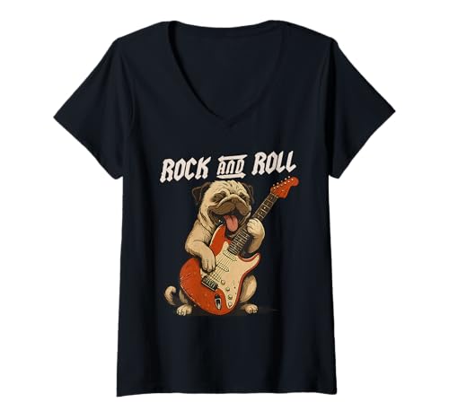 Damen Mops spielt Gitarre Rock and Roll Dog Lover T-Shirt mit V-Ausschnitt Damen Mops spielt Gitarre Rock and Roll Dog Lover T-Shirt mit V-Ausschnitt von Funny Pug Rock Music Dog Designs