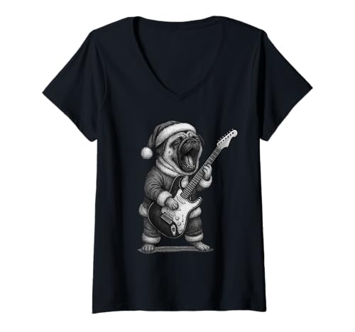 Damen Mops spielt Gitarre Weihnachten Hundeliebhaber T-Shirt mit V-Ausschnitt Damen Mops spielt Gitarre Weihnachten Hundeliebhaber T-Shirt mit V-Ausschnitt von Funny Pug Rock Music Dog Designs