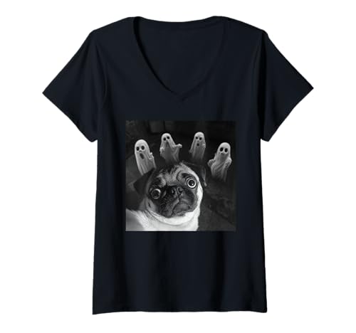 Damen Dog Pug Selfie With Ghosts Funny Pug Halloween T-Shirt mit V-Ausschnitt Damen Dog Pug Selfie With Ghosts Funny Pug Halloween T-Shirt mit V-Ausschnitt von Funny Pug Selfie Graphics Apparel