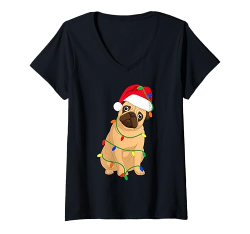 Damen Mops Weihnachtsbaum Lichter Urlaub Hundeliebhaber T-Shirt mit V-Ausschnitt von Funny Pug Xmas Tree Dog Designs